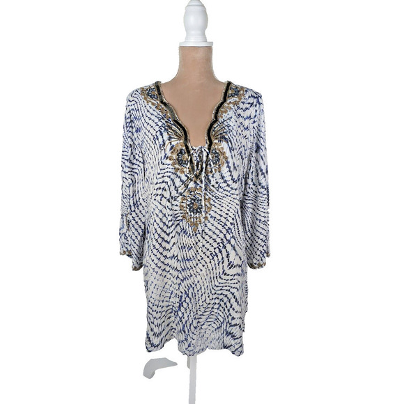 Soft Surroundings XL Blue White Tie Dye Beaded Laced Tie Rayon Tunic - Picture 1 of 10